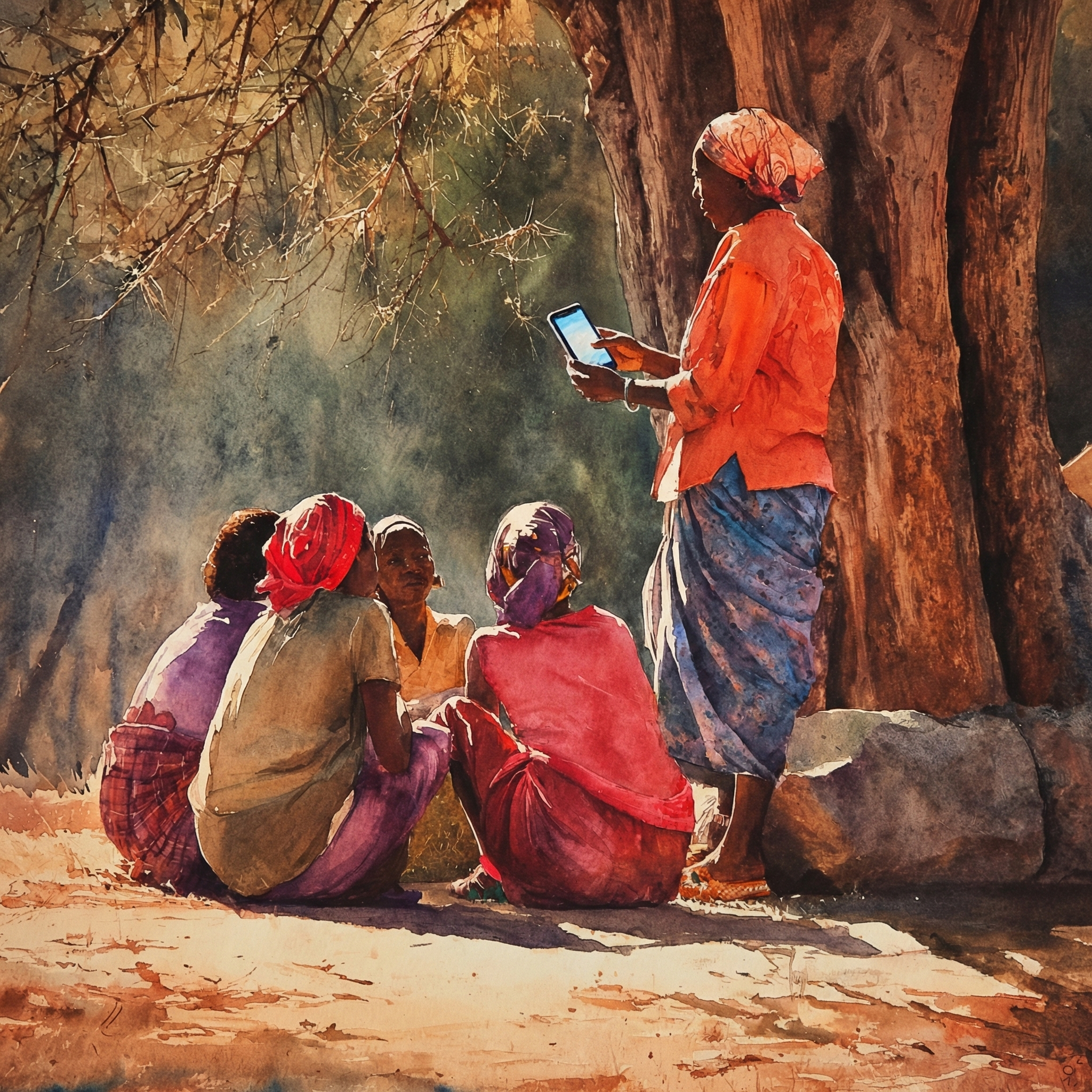 A woman in the Last Mile sharing Scripture from her phone with a small group seated under a tree