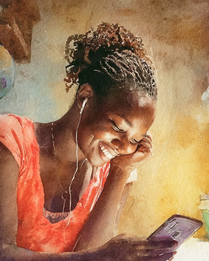 A young woman listening to Scripture on her phone with earbuds, smiling