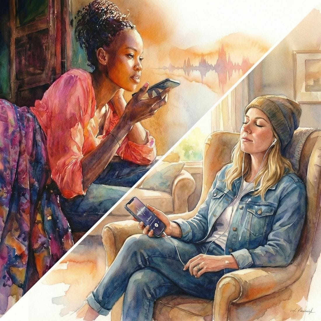 A woman in the Last Mile speaking into her phone; across the diagonal, a woman in the West listening with earbuds