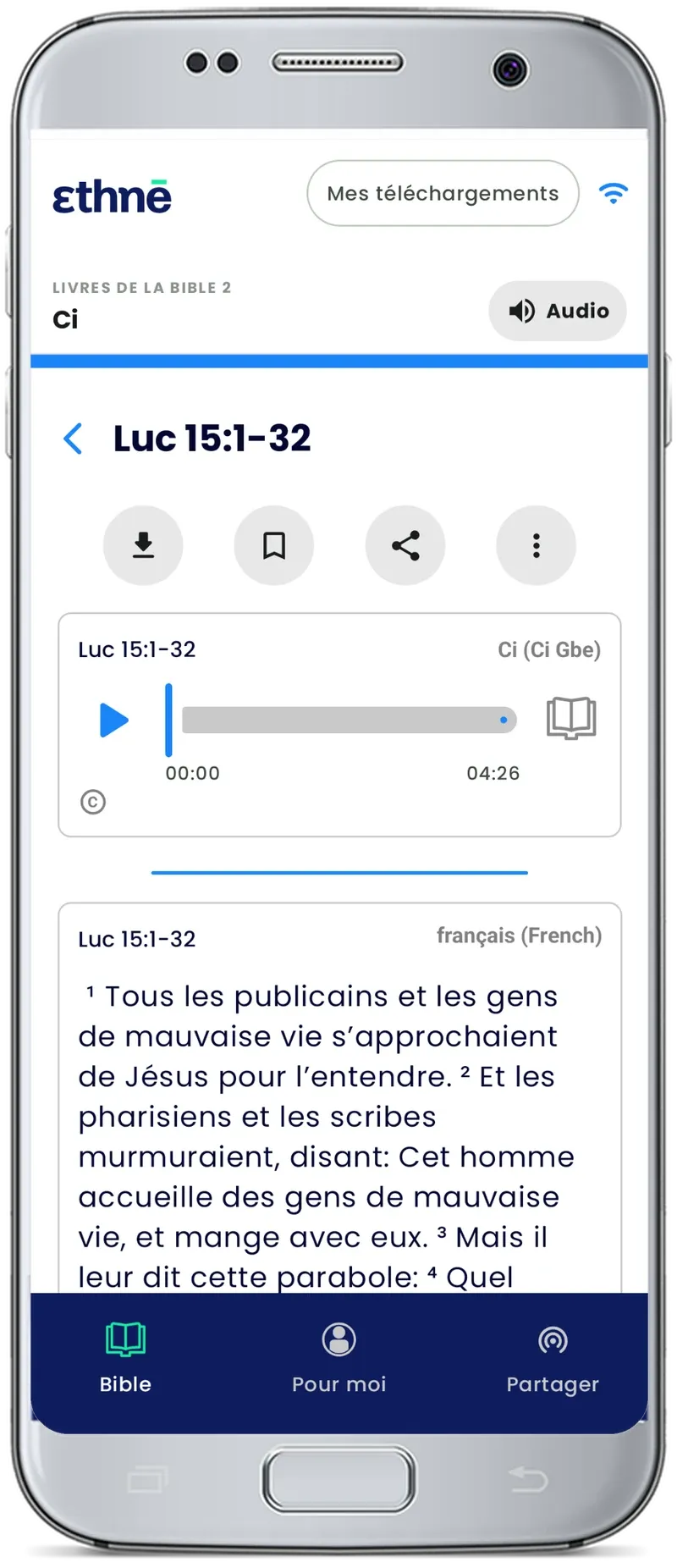 The same screen with the French text of Luke 15 shown under the Ci Gbe audio