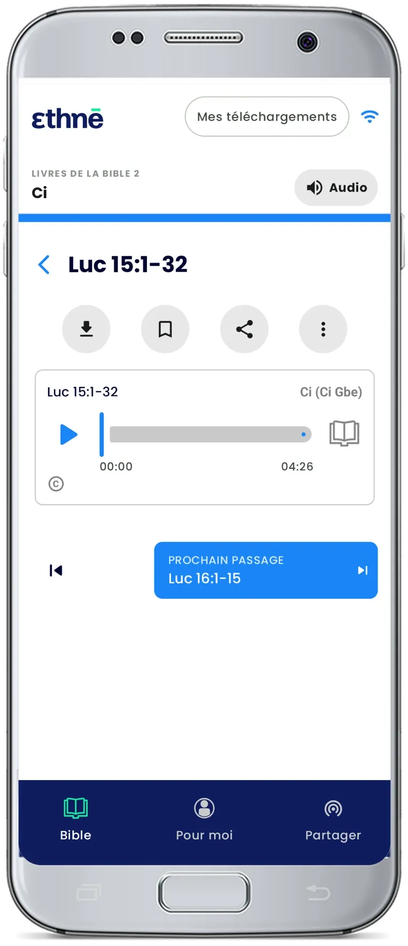 The ethnē app playing Luke 15 as audio in Ci Gbe, a language of southern Benin